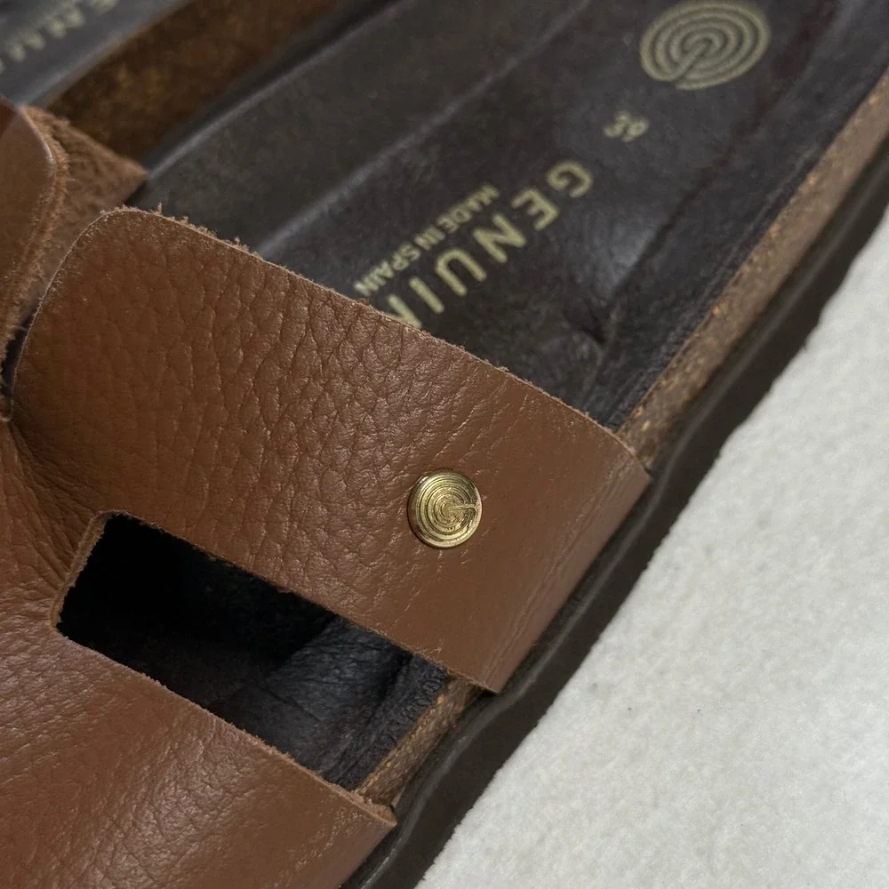 Genuins Brown Leather H-Strap Slide Sandals Made in Spain Womens 39